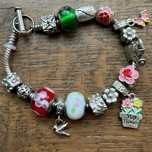 Willabee & Ward May Toggle Charm Bracelet Flower Bird Butterfly Silver Tone